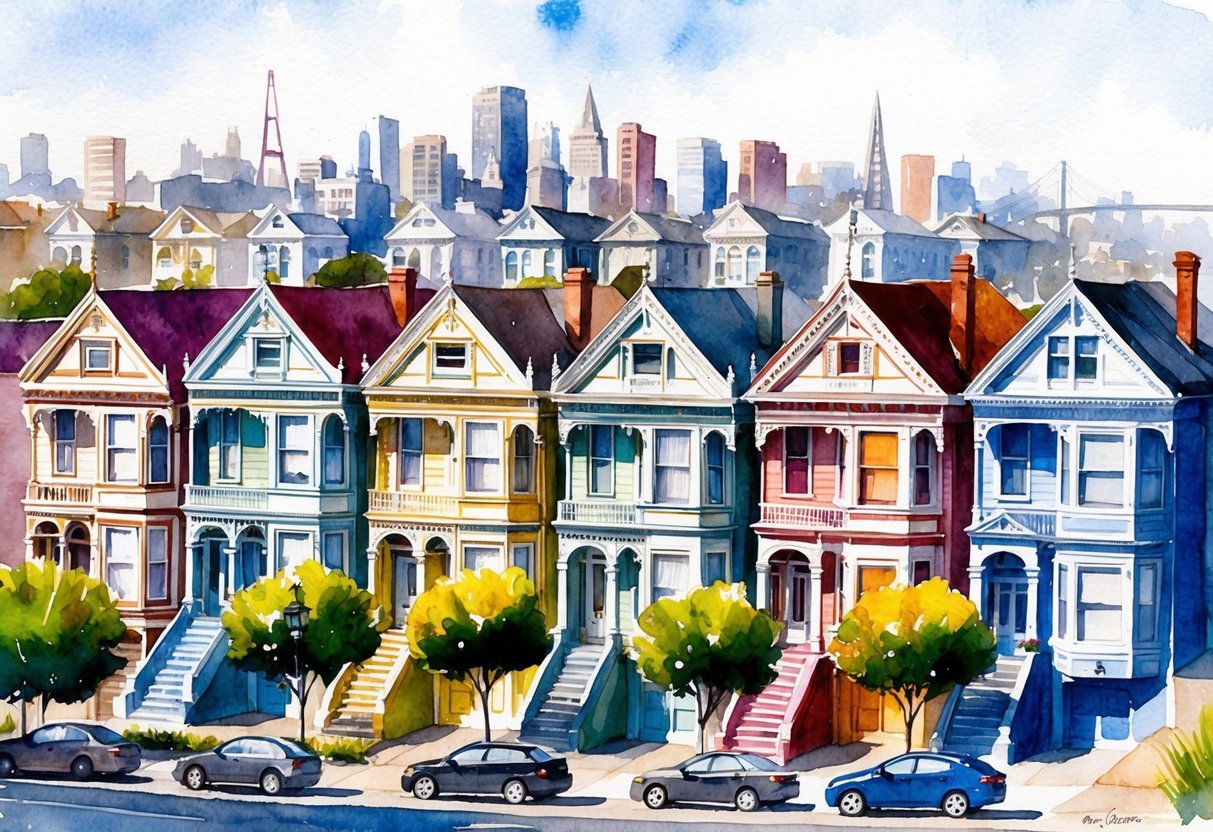 A row of colorful Victorian houses in San Francisco, with a bustling cityscape in the background