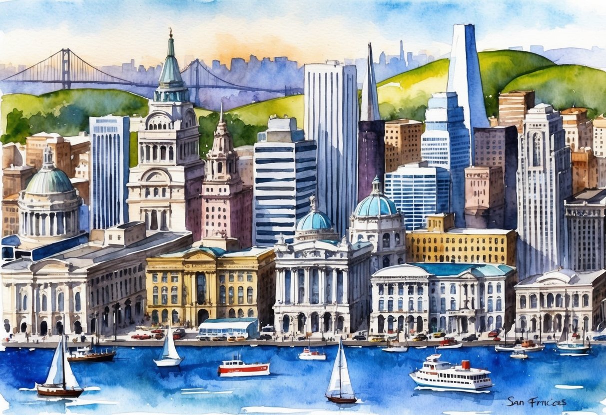 A bustling cityscape with iconic San Francisco landmarks and a mix of historic and modern buildings, set against the backdrop of the bay and rolling hills