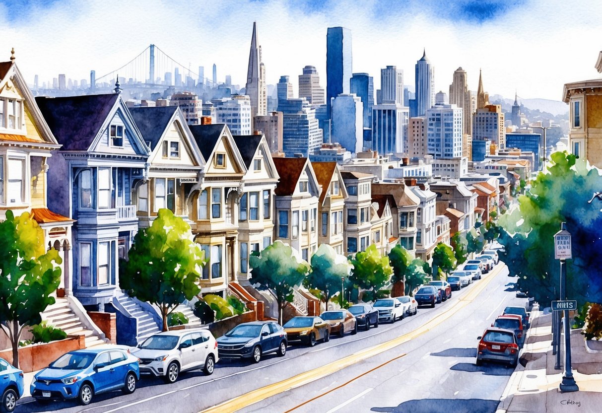 A bustling San Francisco street lined with diverse real estate properties, from historic Victorian homes to modern high-rise buildings, with a backdrop of the iconic city skyline