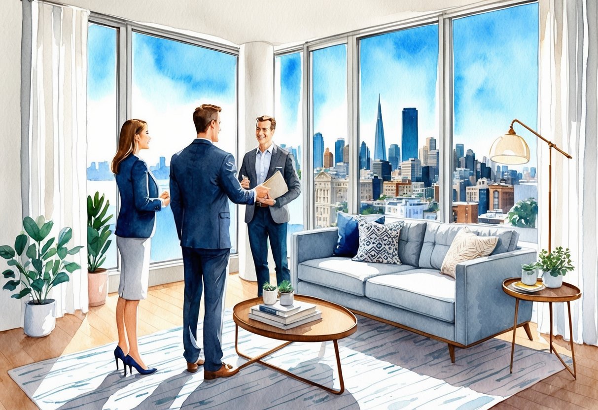 A real estate agent showing a couple a modern San Francisco apartment with a view of the city skyline