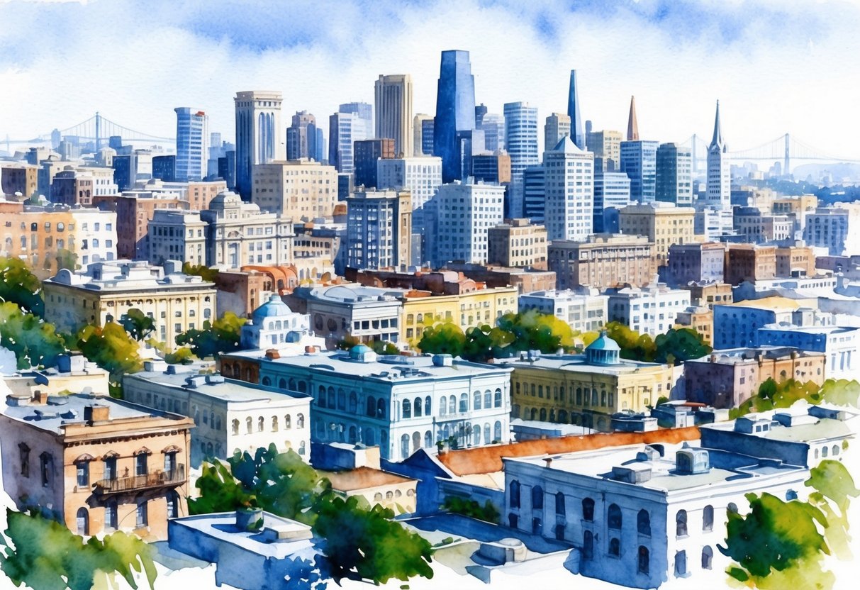 A bustling cityscape with a mix of historic and modern buildings, including residential, commercial, and industrial properties. The skyline of San Francisco, CA is dominated by high-rise structures and iconic landmarks