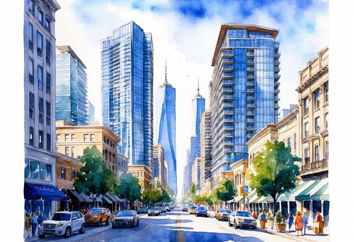 A bustling city street with modern skyscrapers and luxury apartment buildings, surrounded by bustling businesses and affluent neighborhoods