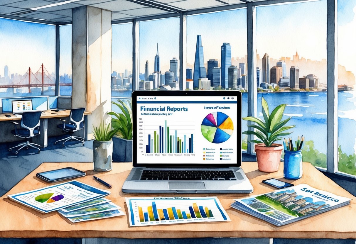 An investor's desk with a laptop, financial reports, city map, and real estate brochures, surrounded by a modern office setting with a view of San Francisco's skyline