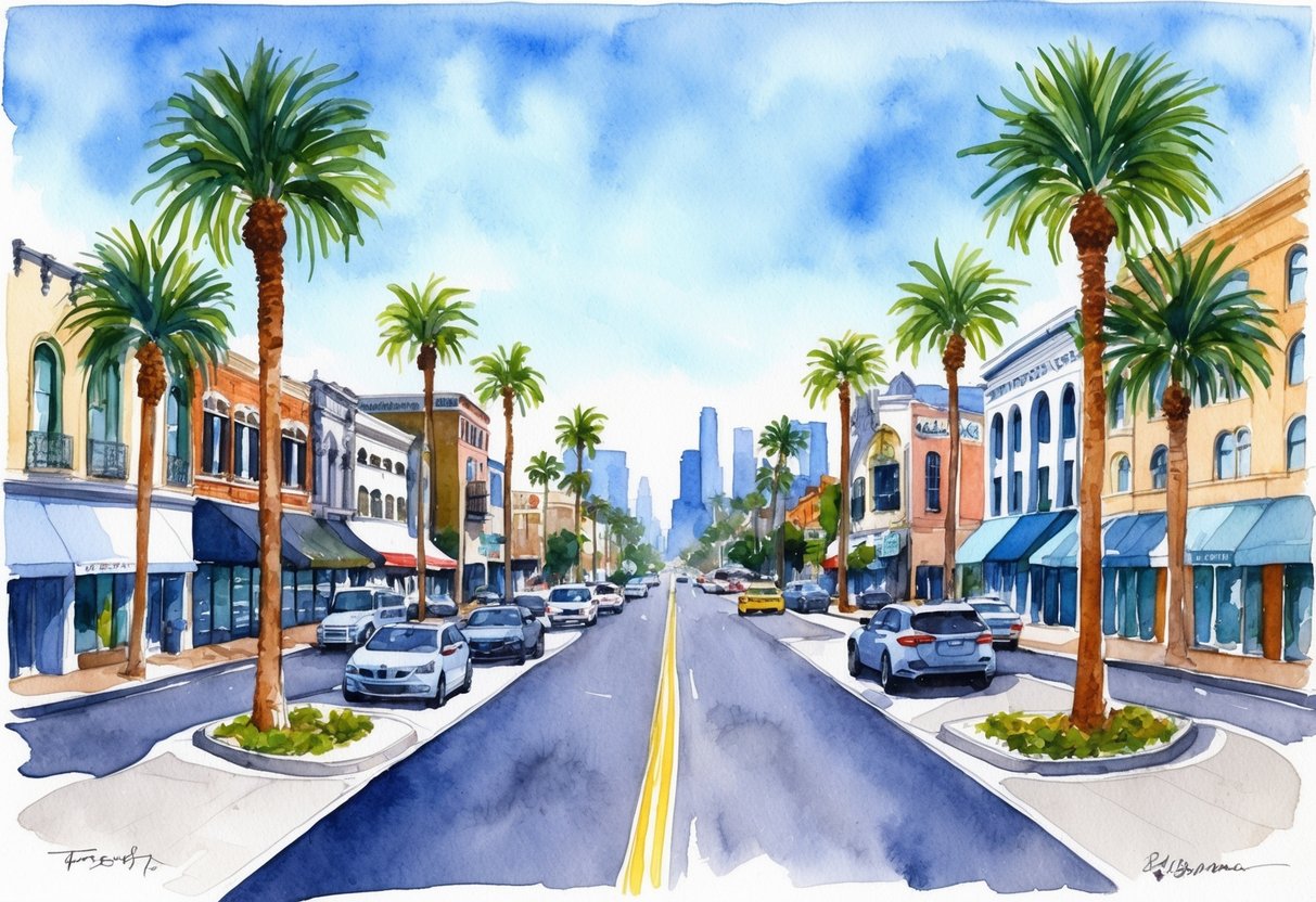 A bustling Los Angeles street with diverse architecture and a mix of residential and commercial properties, surrounded by palm trees and a clear blue sky