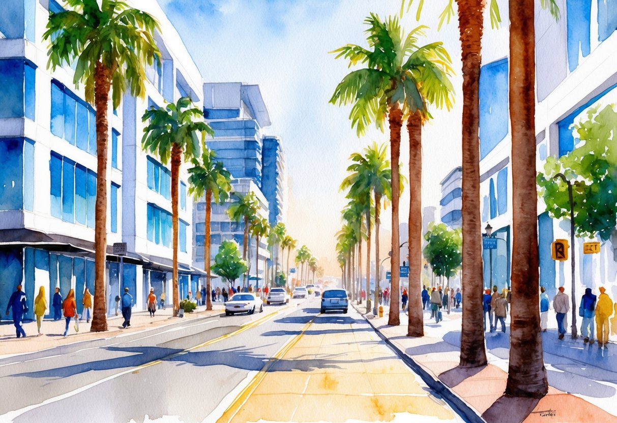 A sunny street in Los Angeles with palm trees, modern buildings, and bustling sidewalks