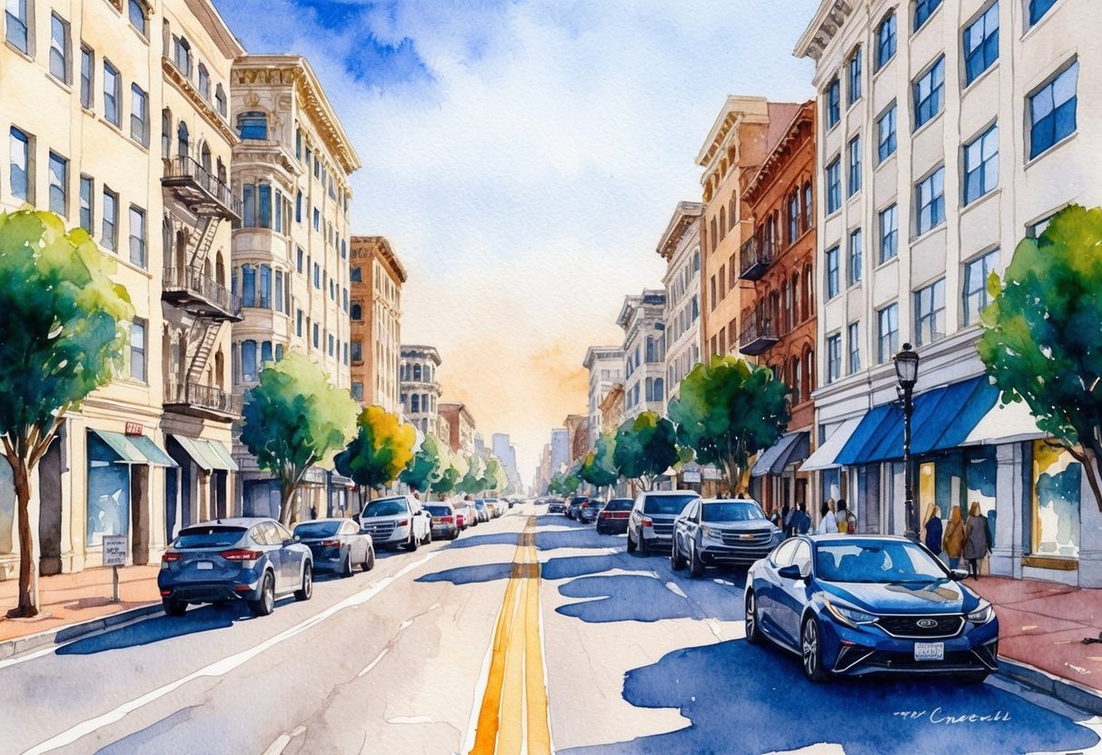 A bustling Los Angeles street with rows of diverse investment properties