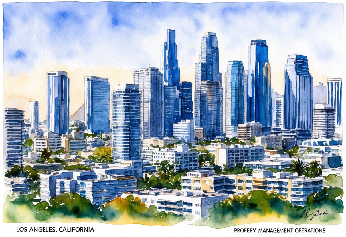 A bustling cityscape with skyscrapers and residential buildings in Los Angeles, California. Property management and operations signs visible