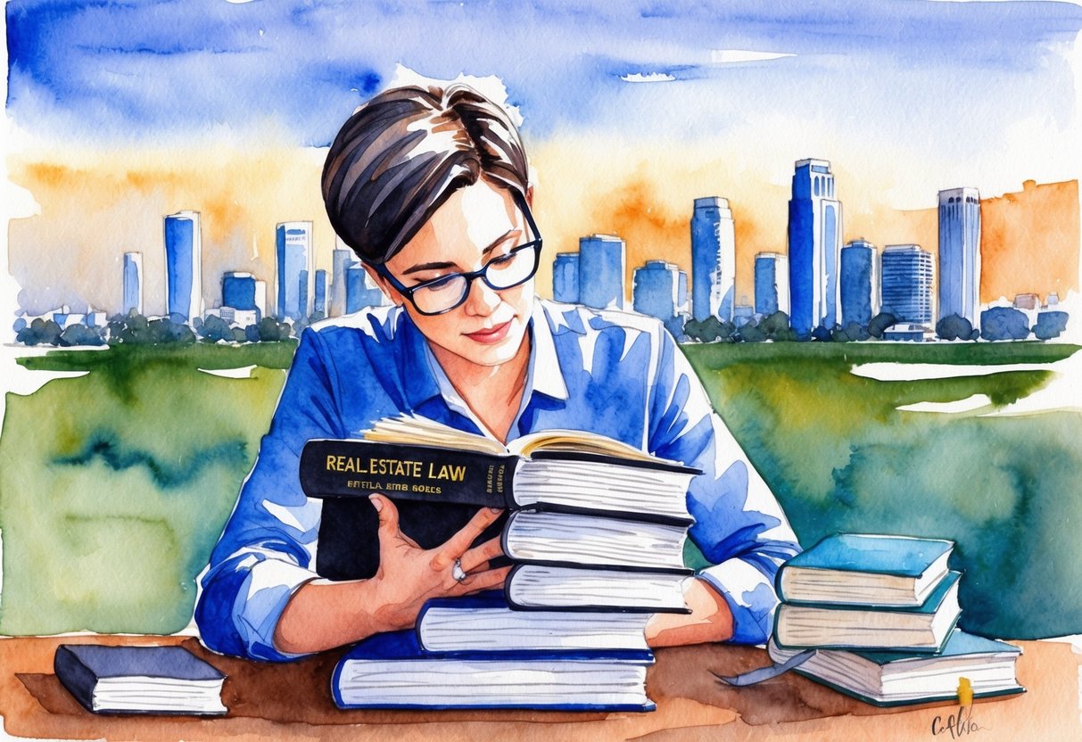 A person studying a thick book on real estate law with a Los Angeles cityscape in the background