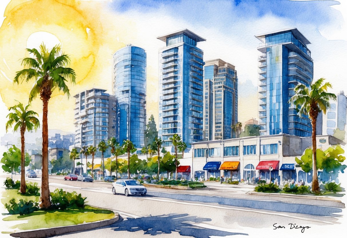 A sunny day in San Diego, with palm trees and modern buildings, a bustling real estate market