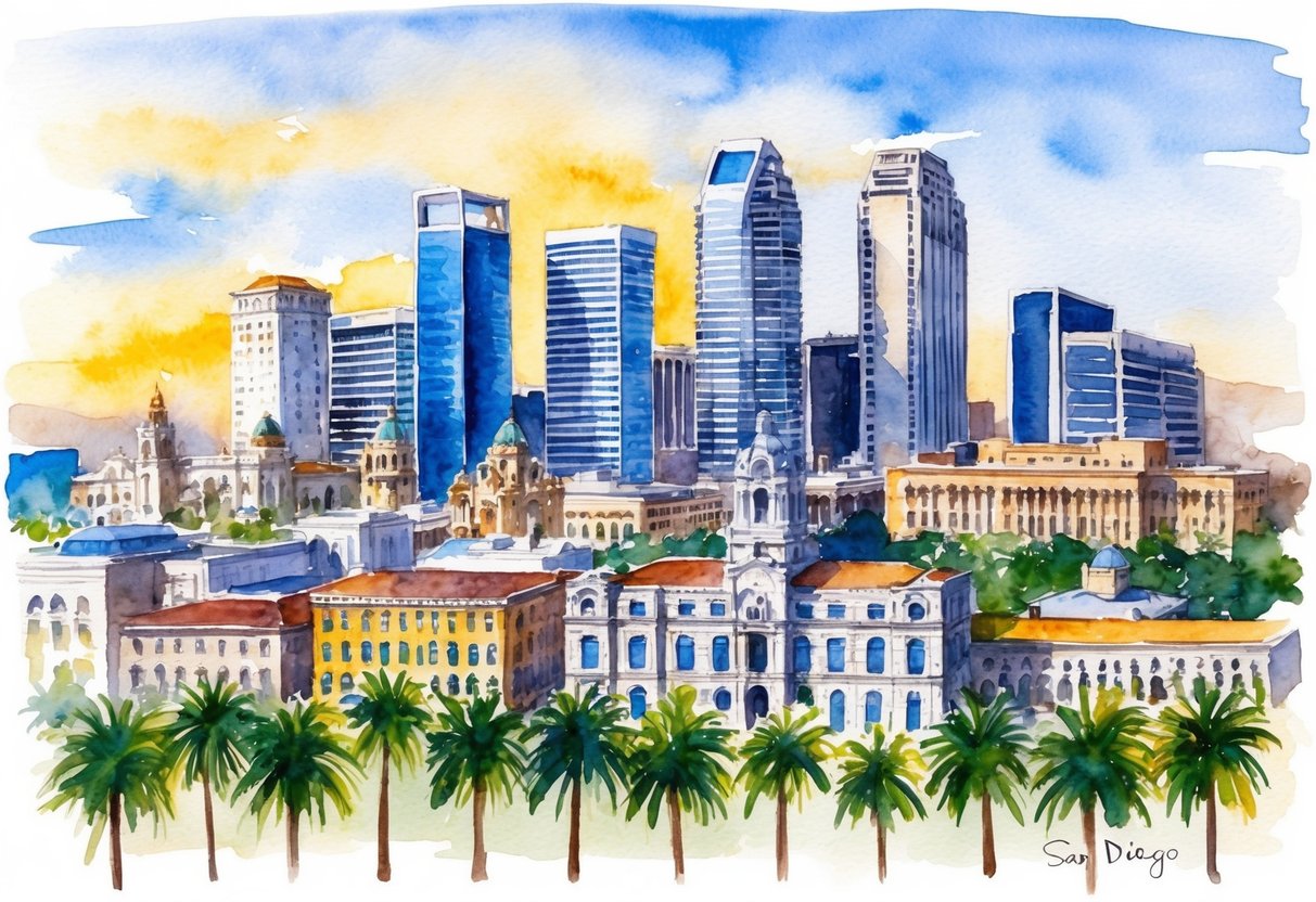 A bustling San Diego cityscape with a mix of modern skyscrapers and historic buildings, set against a backdrop of sunny skies and palm trees