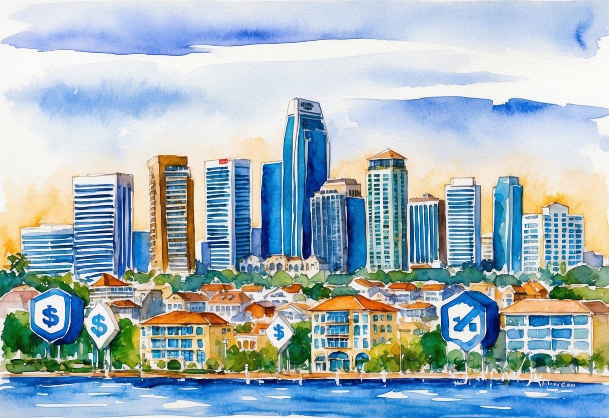 A bustling San Diego skyline with various real estate properties and investment symbols in the foreground