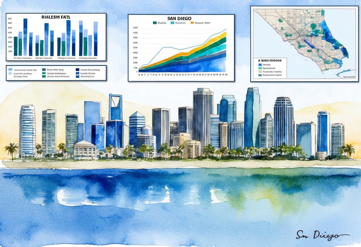 A city skyline with real estate data charts and graphs overlaid, a map of San Diego, and a strategic planning board