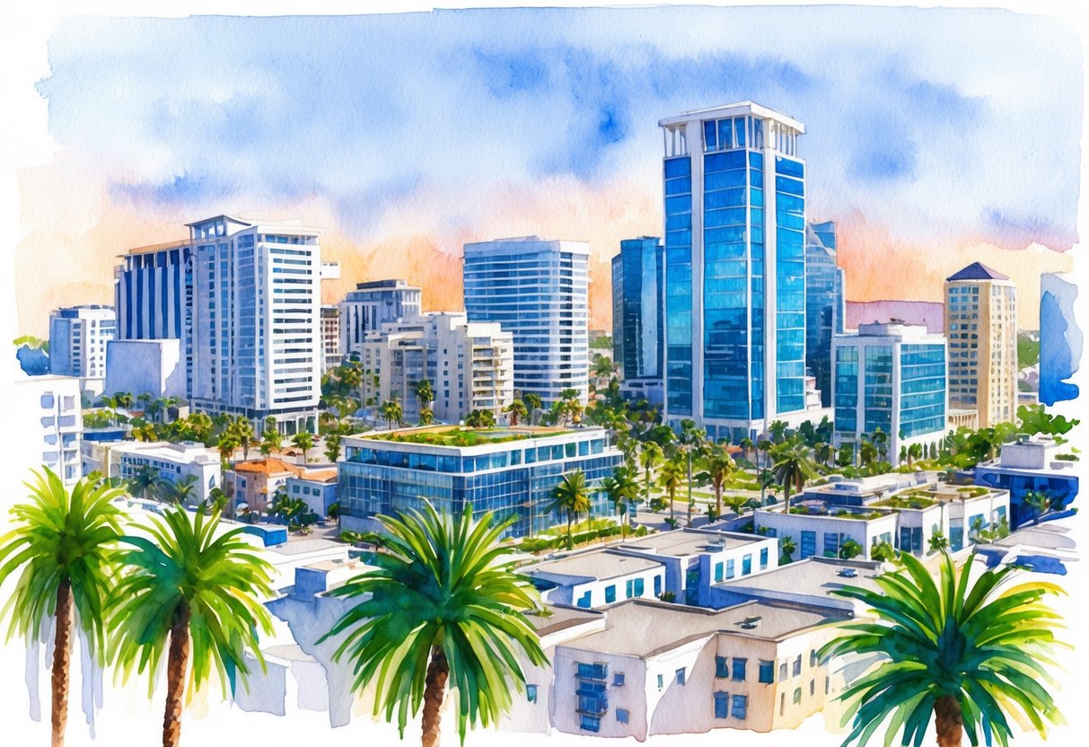A bustling San Diego cityscape with modern buildings and palm trees, showcasing the thriving real estate market and property management in the area