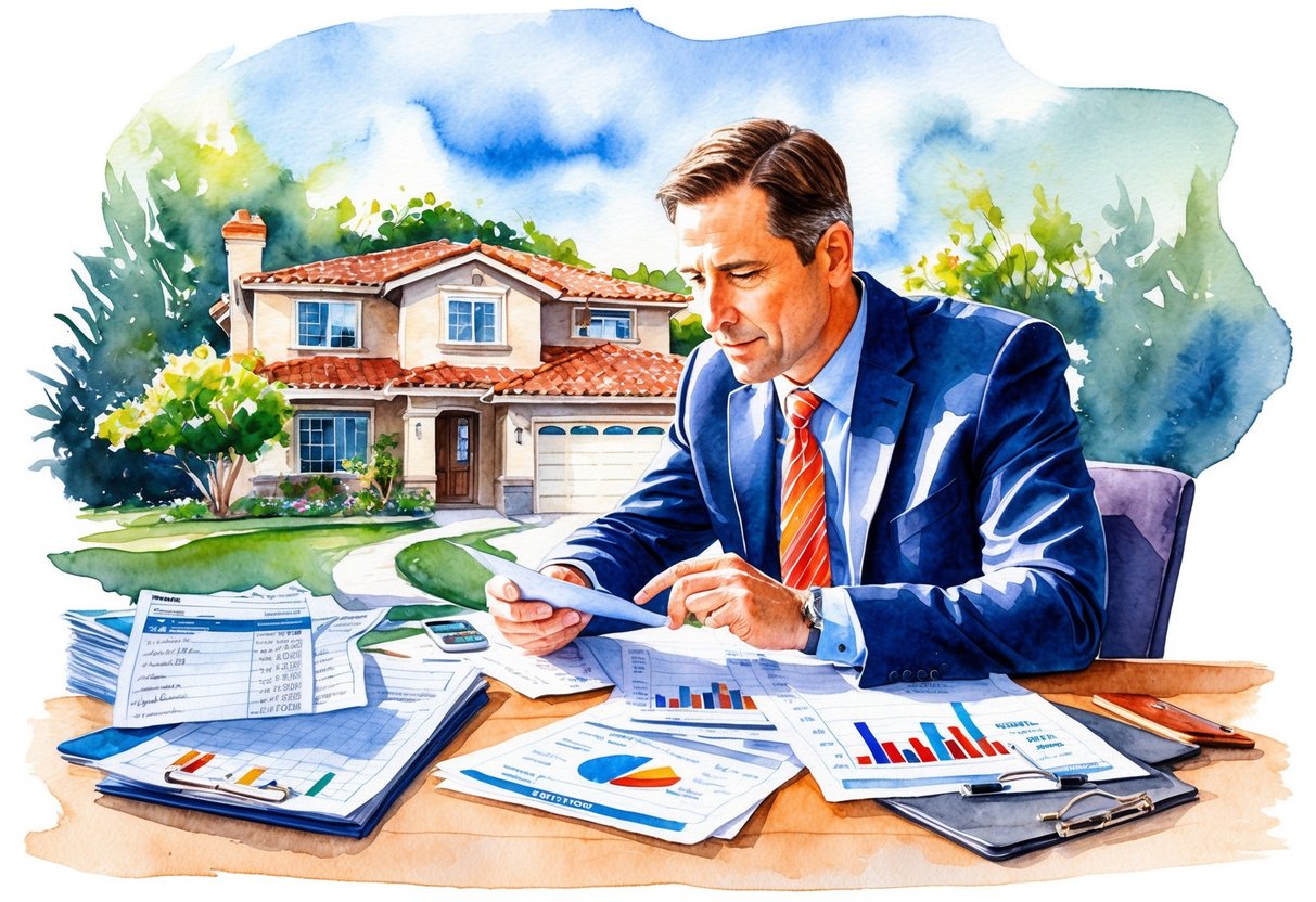 A real estate investor carefully examines property in San Diego, CA, surrounded by financial documents and charts