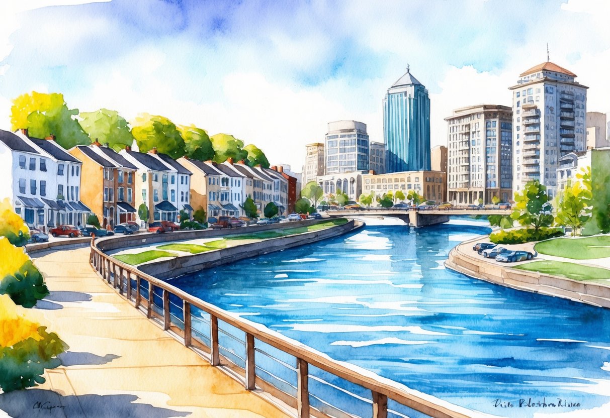 A sunny riverside scene with a row of residential properties, a bustling downtown area, and a scenic river flowing through the city