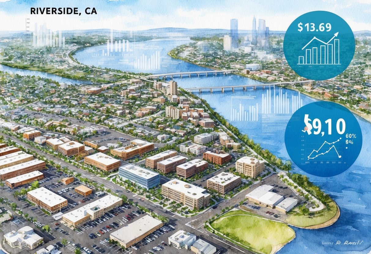 Aerial view of Riverside, CA with diverse neighborhoods, commercial areas, and natural landscapes. Economic data graphs and demographic charts overlay the city