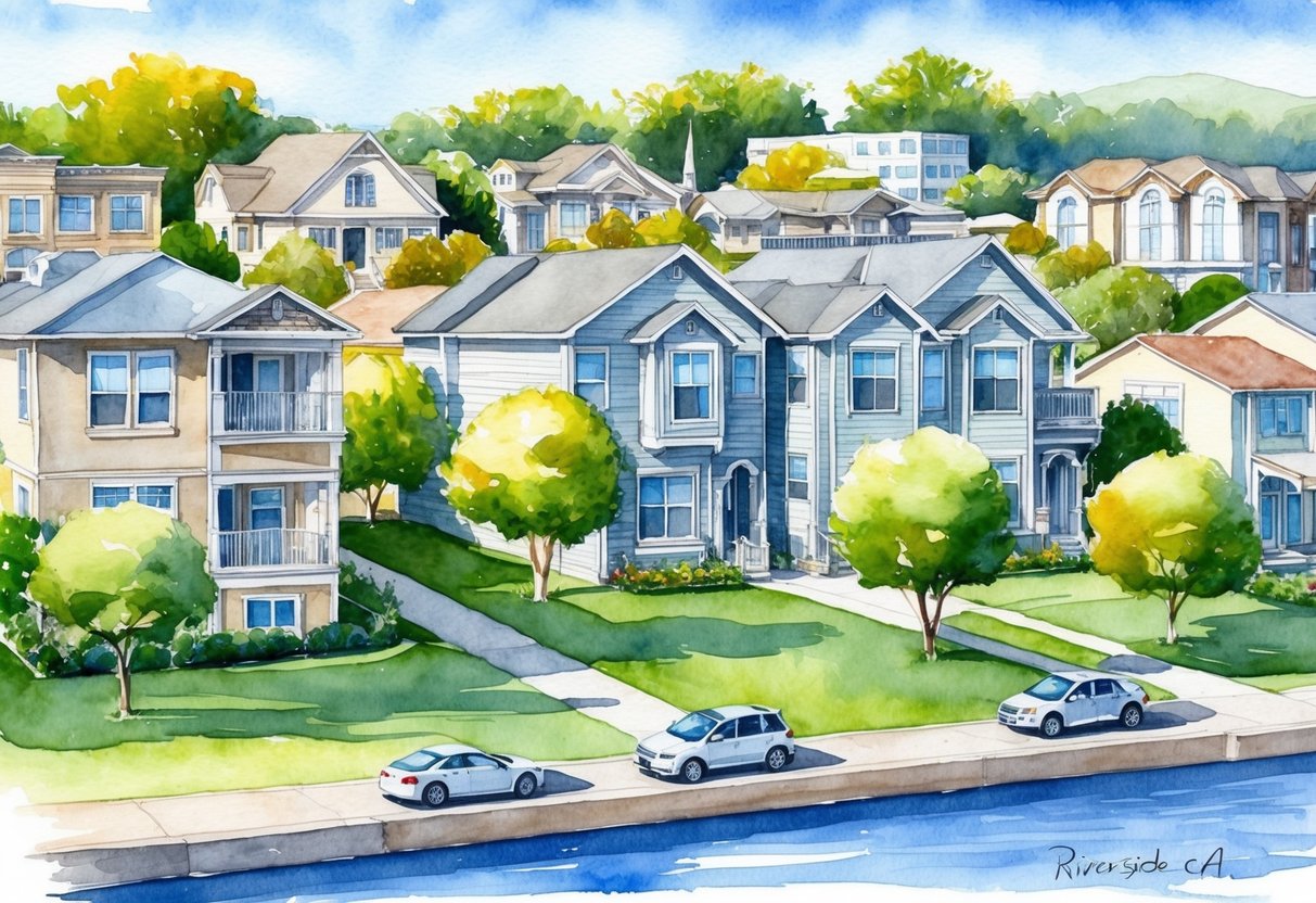 A row of diverse investment properties in Riverside, CA, including single-family homes, multi-unit buildings, and commercial real estate