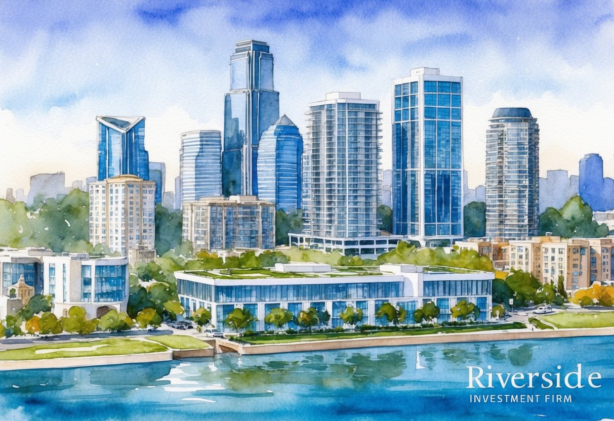 A modern cityscape with skyscrapers and residential buildings in Riverside, CA, with a prominent real estate investment firm office in the foreground