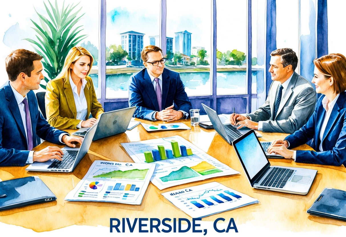 A group of professionals discussing real estate in Riverside, CA. Maps, charts, and laptops are spread out on a conference table