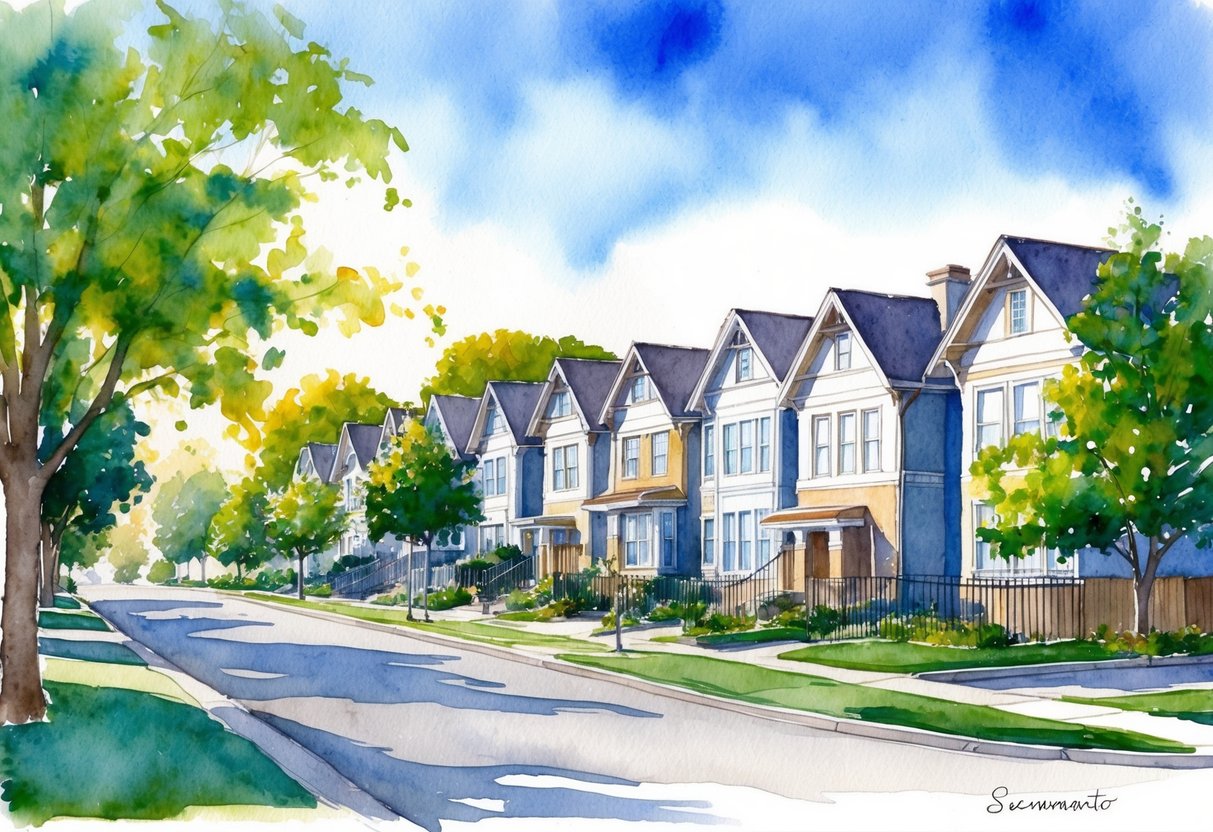 A sunny day in Sacramento, CA, with a row of residential houses and apartment buildings, surrounded by trees and a clear blue sky