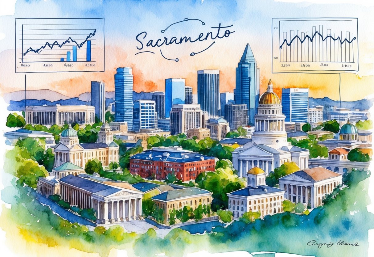 A bustling cityscape with Sacramento landmarks and real estate properties, surrounded by financial charts and investment strategies
