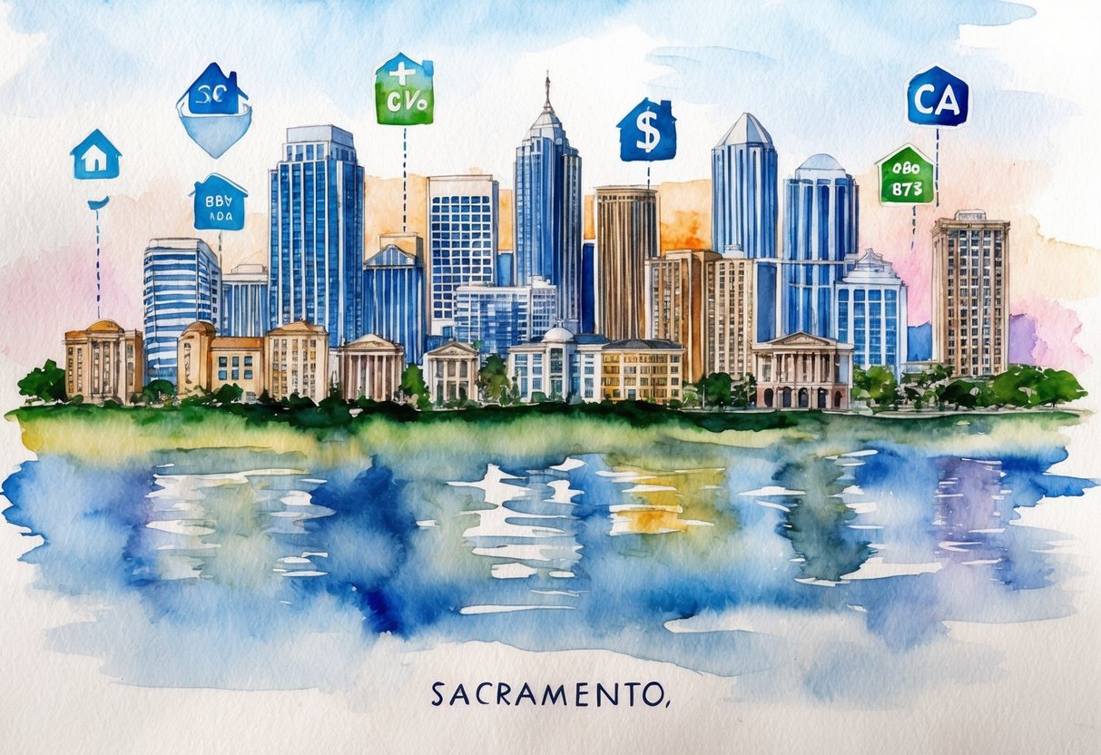 A skyline of Sacramento, CA with various real estate properties and investment symbols