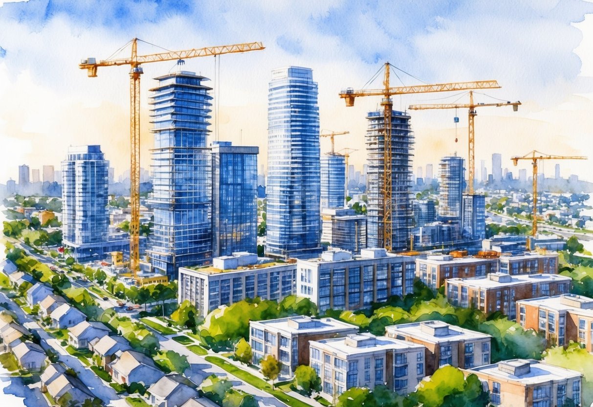 A bustling cityscape with modern high-rise buildings and construction cranes, surrounded by suburban neighborhoods and expanding infrastructure