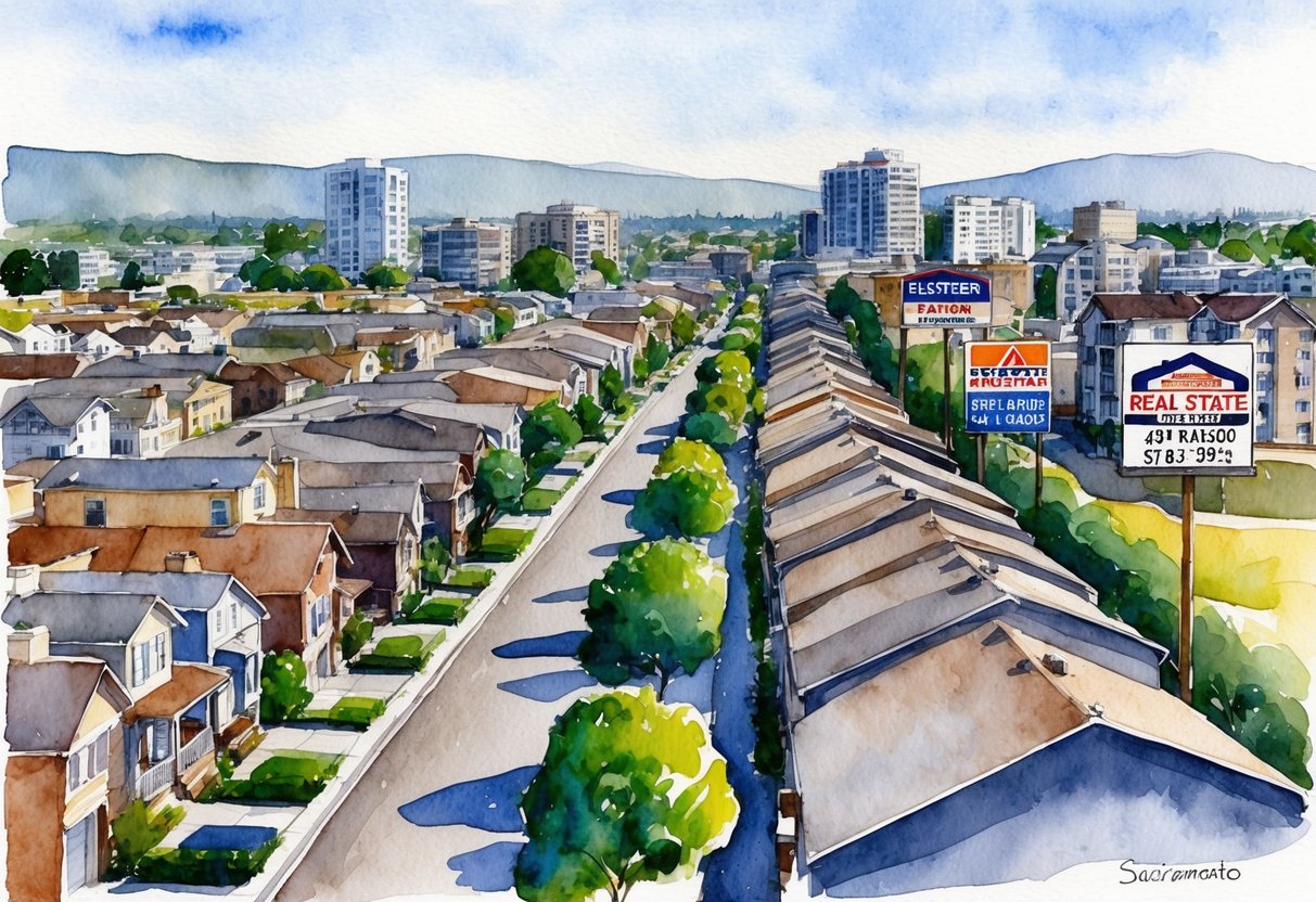 A bustling cityscape of Sacramento, with rows of houses and apartment buildings, alongside signs for real estate agencies and construction sites