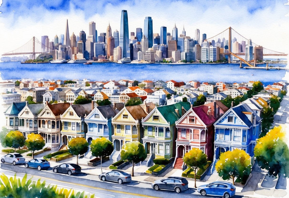 A sprawling cityscape of San Francisco's iconic skyline against the backdrop of the bay, with rows of colorful Victorian houses lining the streets