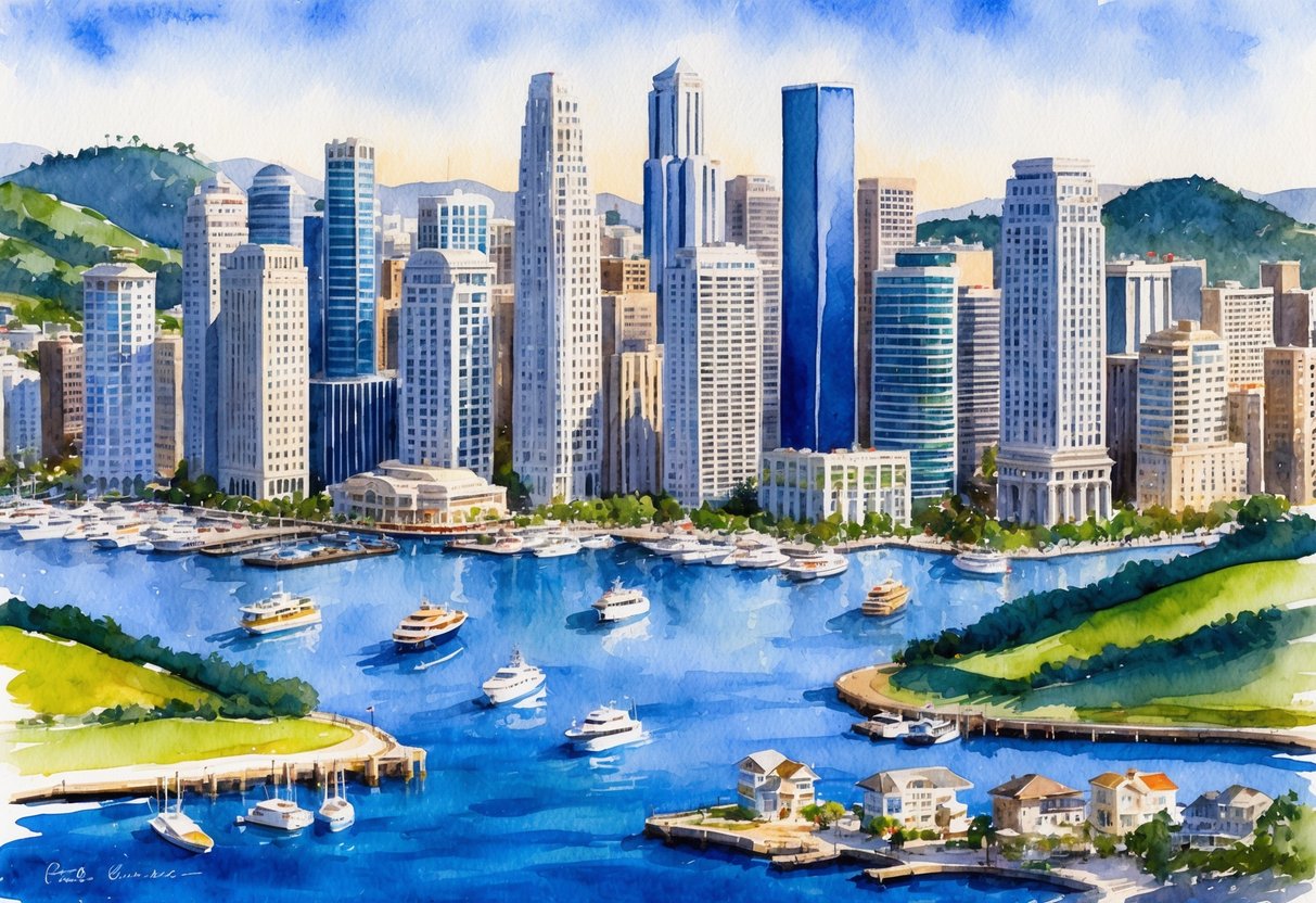 A bustling city skyline with high-rise buildings and waterfront properties in the Bay Area, California, surrounded by rolling hills and a vibrant real estate market