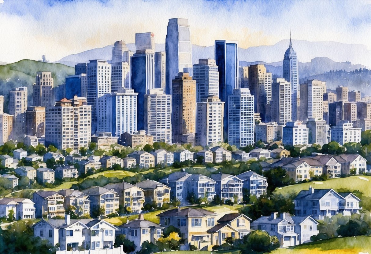A bustling city skyline overlooks a diverse array of rental properties, from high-rise apartments to suburban homes, nestled among the rolling hills of the Bay Area