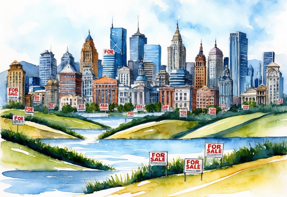 A busy city skyline with diverse architecture, surrounded by rolling hills and bodies of water, with "For Sale" signs scattered throughout