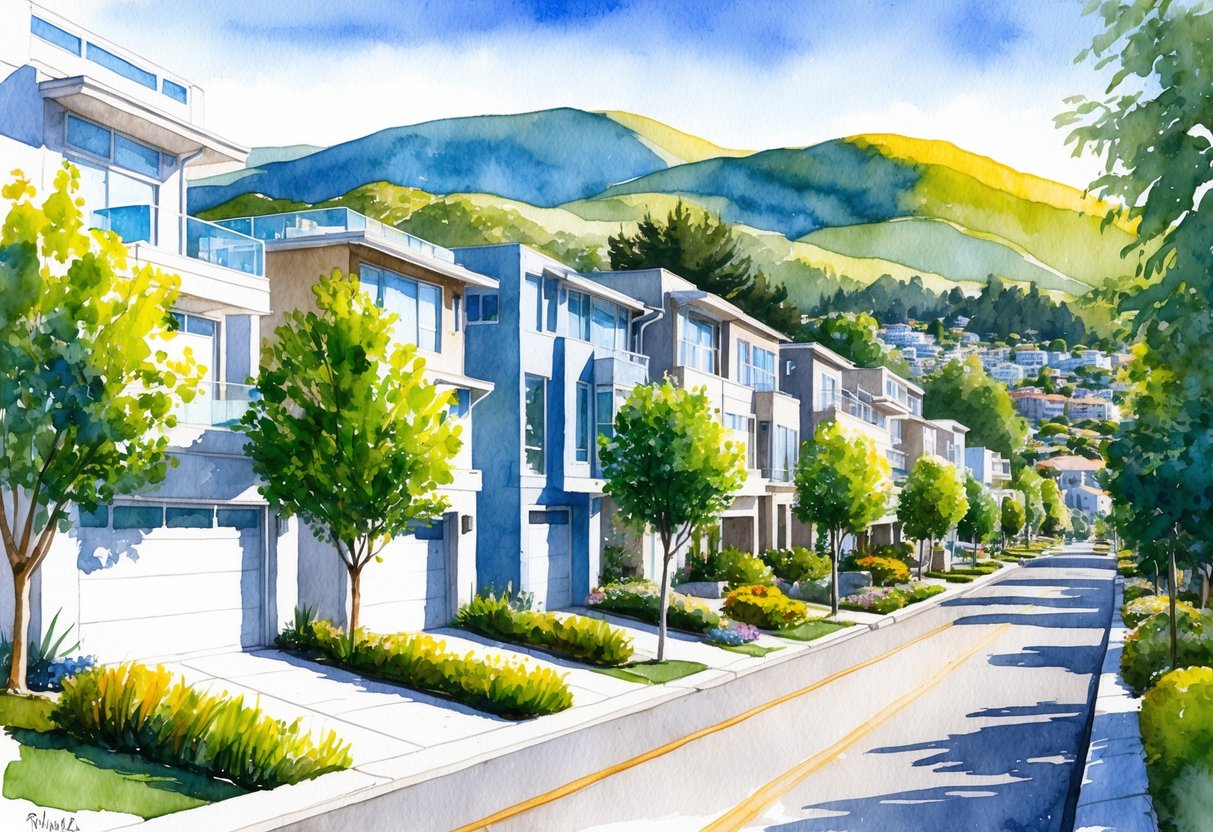 A sunny suburban street in the Bay Area, lined with modern homes and lush greenery, with a backdrop of rolling hills and a clear blue sky
