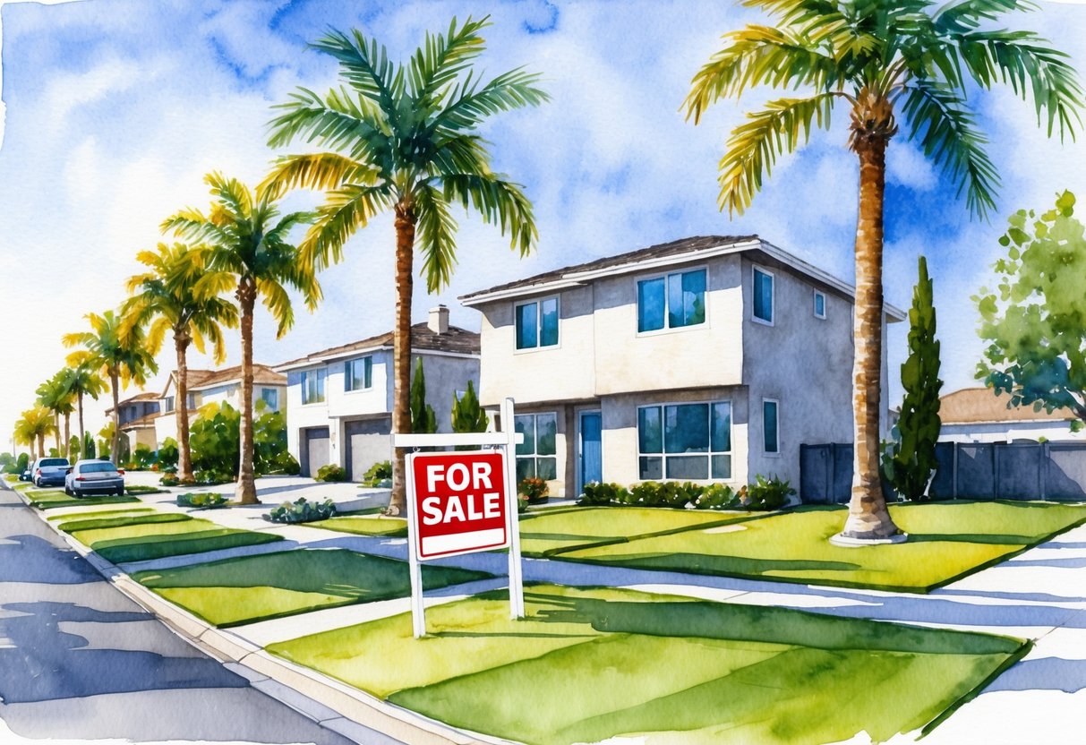 A sunny day in Orange County, CA. Palm trees line the streets of a suburban neighborhood. A "For Sale" sign stands in front of a modern, two-story house with a manicured lawn