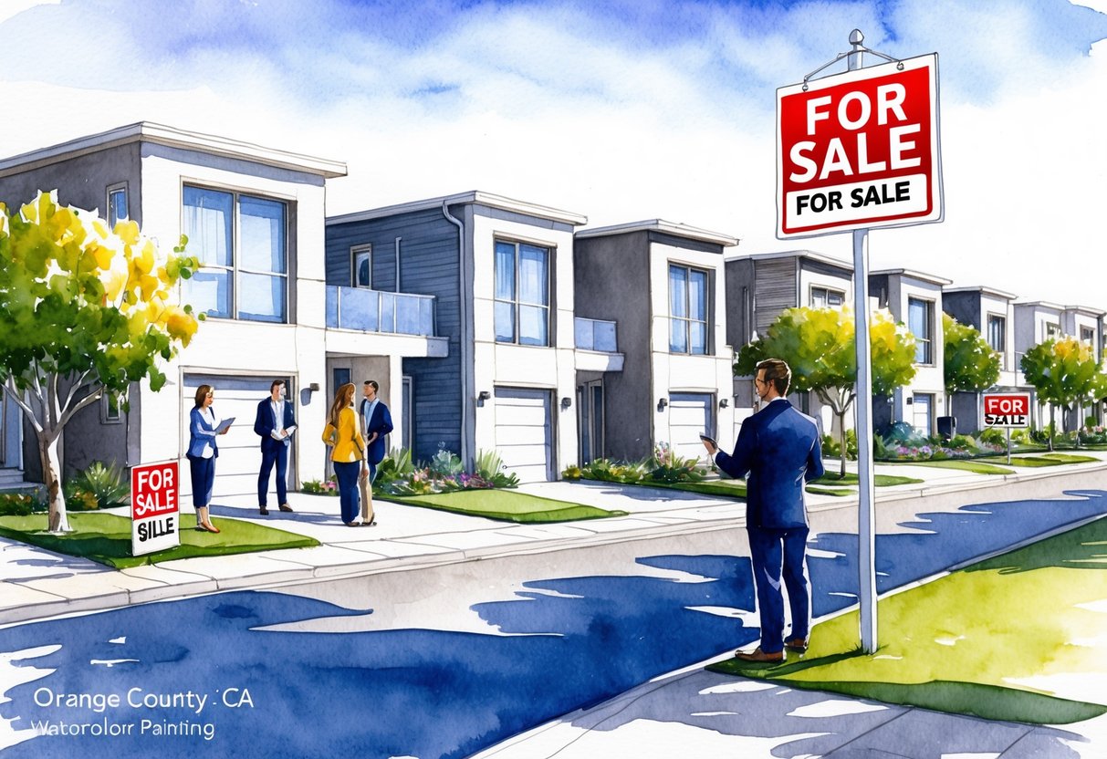 A sunny day in Orange County, CA. A row of modern homes with "For Sale" signs. A real estate agent meeting with potential investors