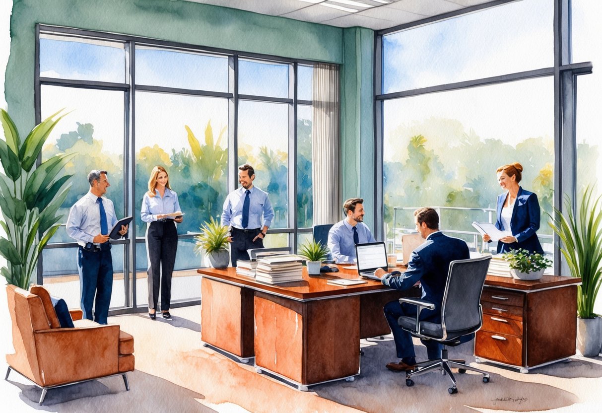 A bustling office with professionals managing properties in Orange County, CA