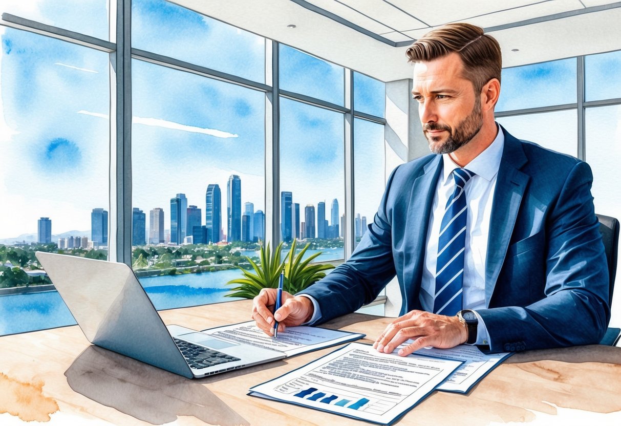 A real estate investor in Orange County, CA reviews legal and regulatory compliance documents in a modern office with a view of the city skyline