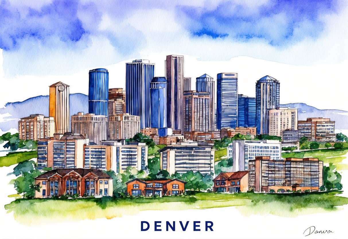 A skyline of Denver, Colorado with various properties and buildings, including residential and commercial real estate