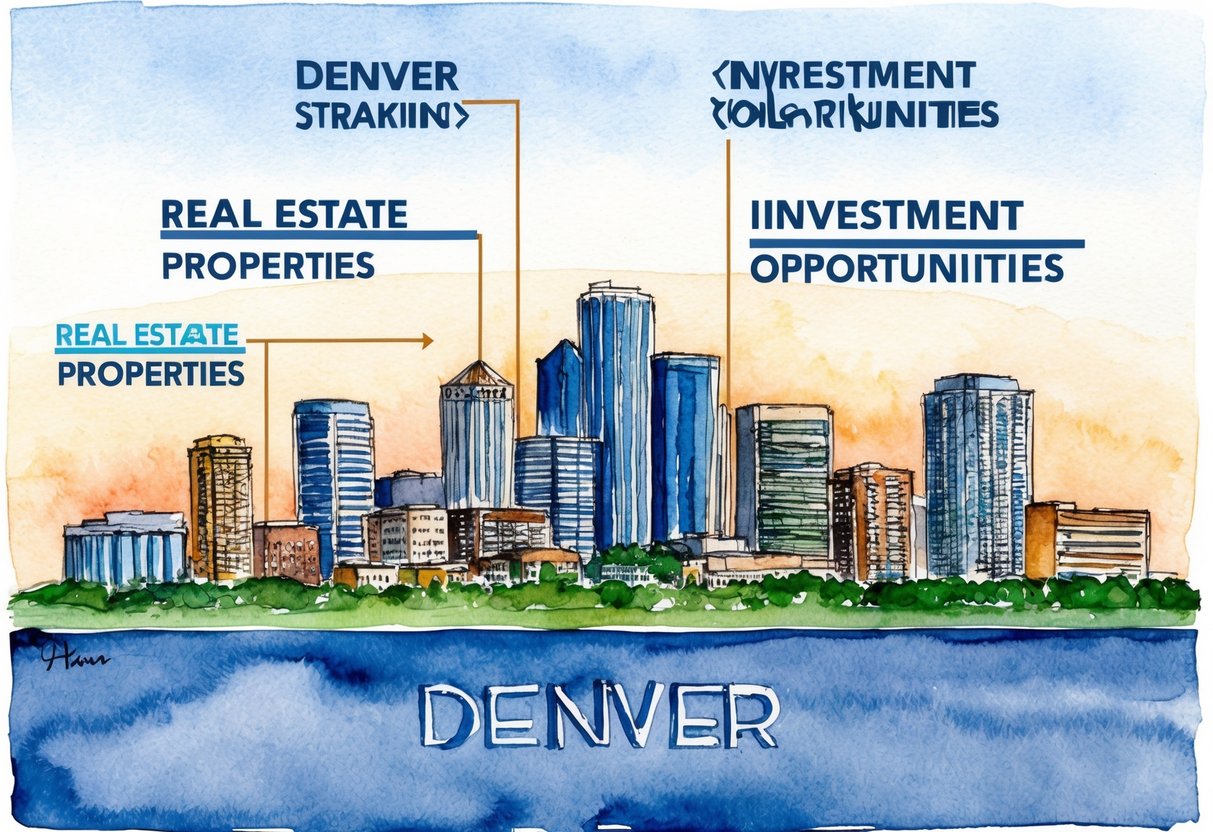 A skyline of Denver, Colorado with various real estate properties and investment opportunities highlighted