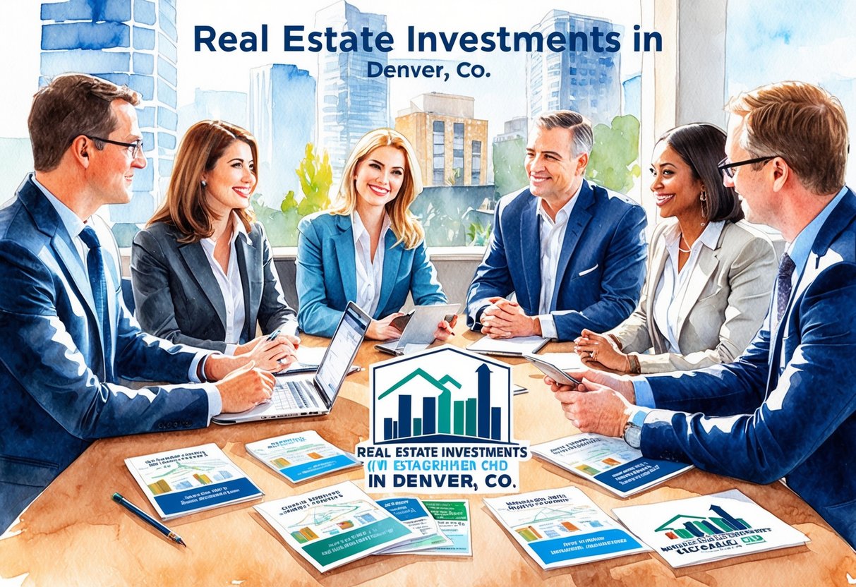 A group of people discussing real estate investments in Denver, CO, with networking materials and local resources displayed on the table