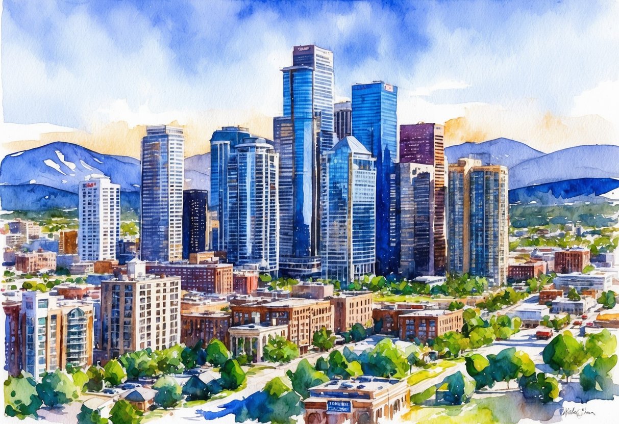 A bustling cityscape with skyscrapers and residential buildings in Denver, Colorado, surrounded by mountains and a vibrant real estate market