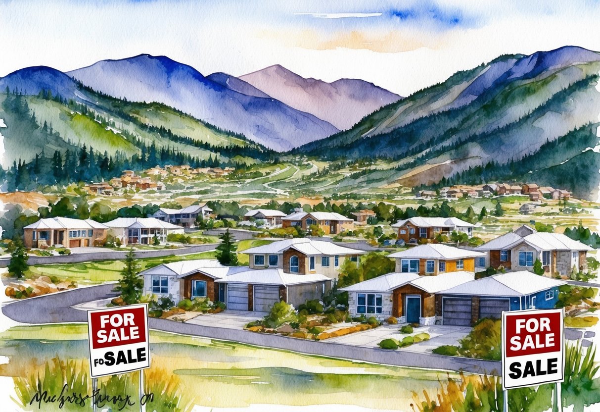 A mountainous landscape with modern homes and "For Sale" signs scattered throughout Colorado Springs, CO