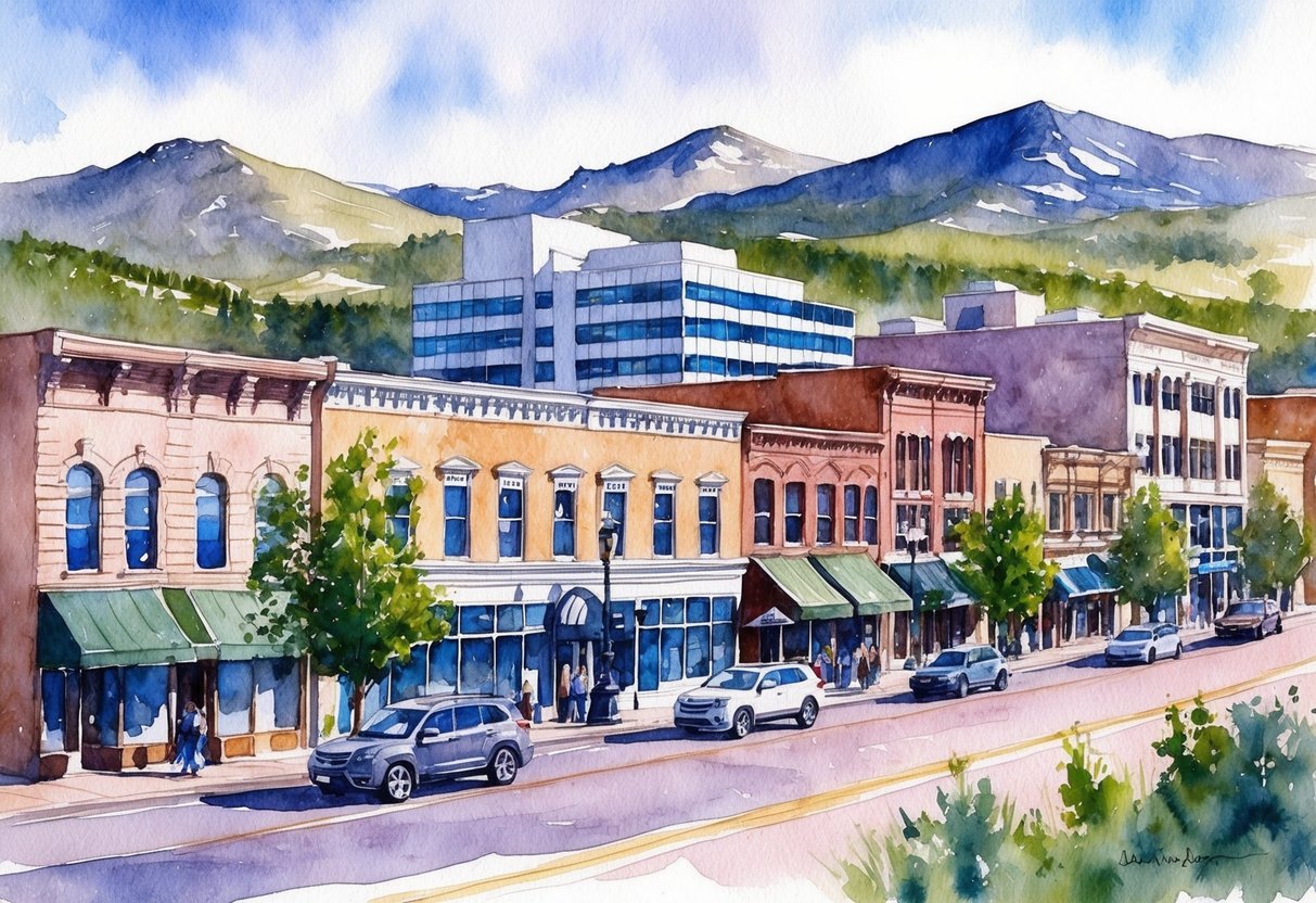 A bustling downtown scene in Colorado Springs, with a mix of modern office buildings and historic storefronts, surrounded by the natural beauty of the Rocky Mountains