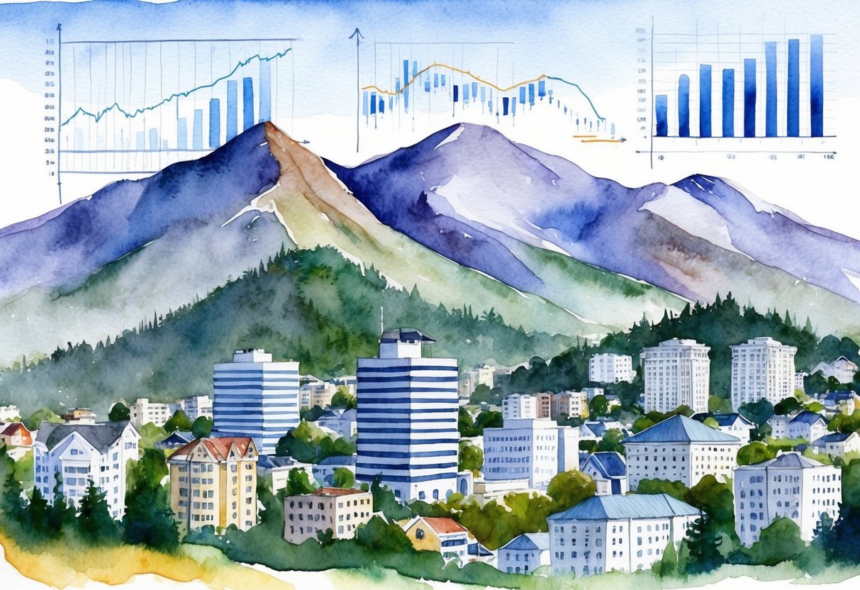 A mountainous landscape with a mix of residential and commercial buildings, financial charts and graphs overlaying the scene