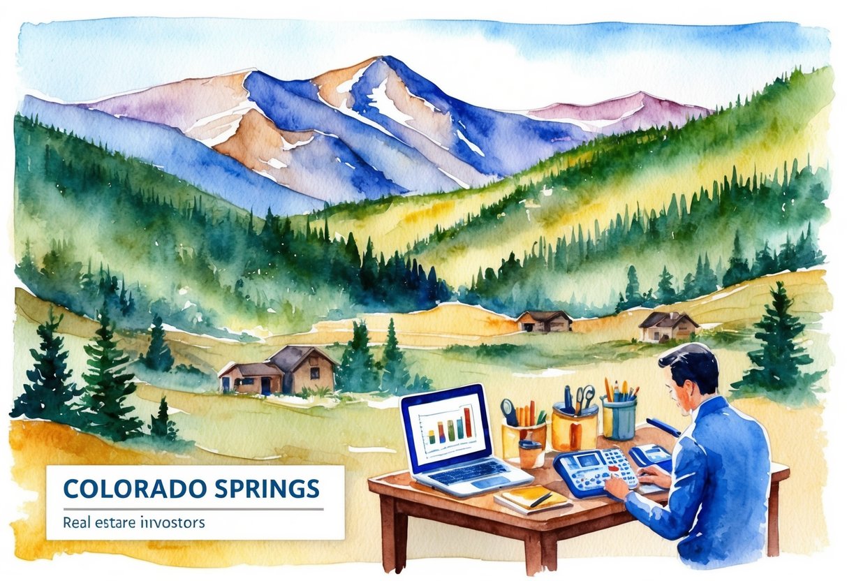 A mountainous landscape in Colorado Springs, with real estate investors using tools and resources to assess properties