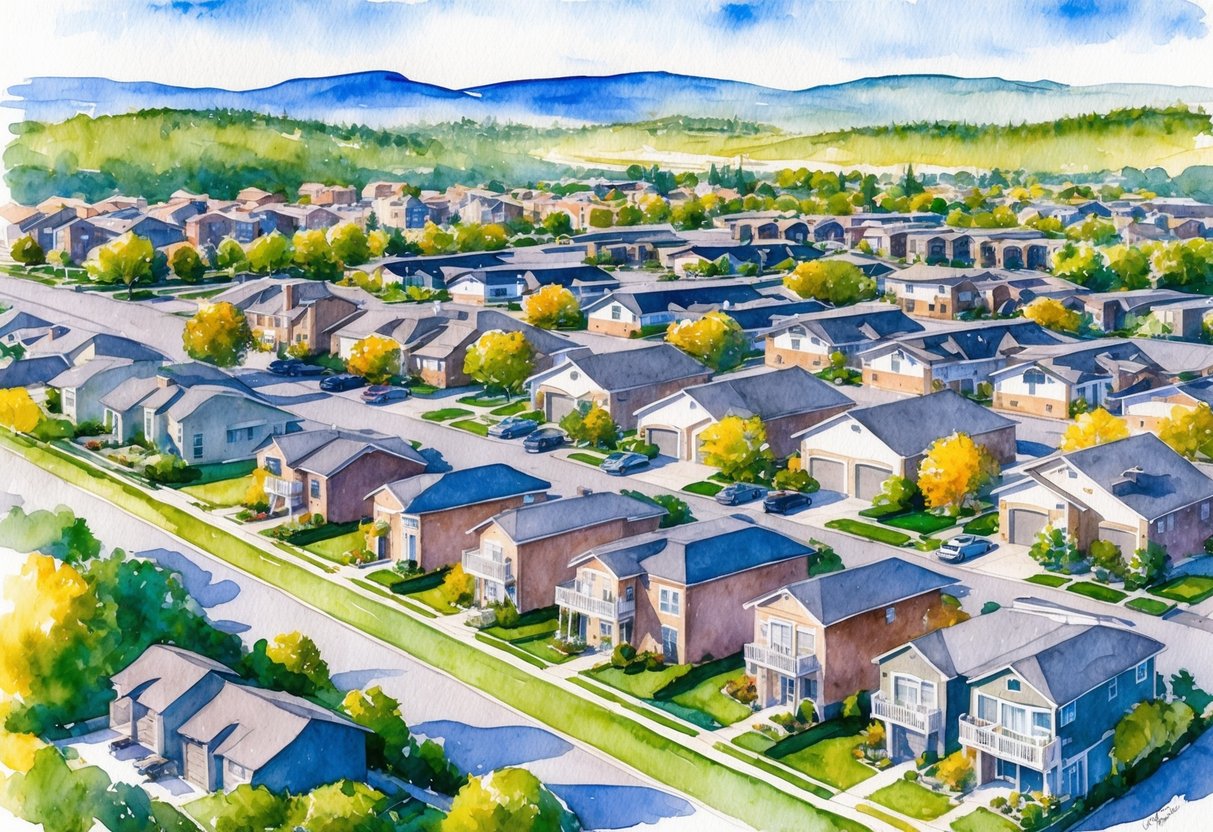 A bustling Colorado Springs neighborhood with various properties, from single-family homes to apartment complexes, being managed by property management companies
