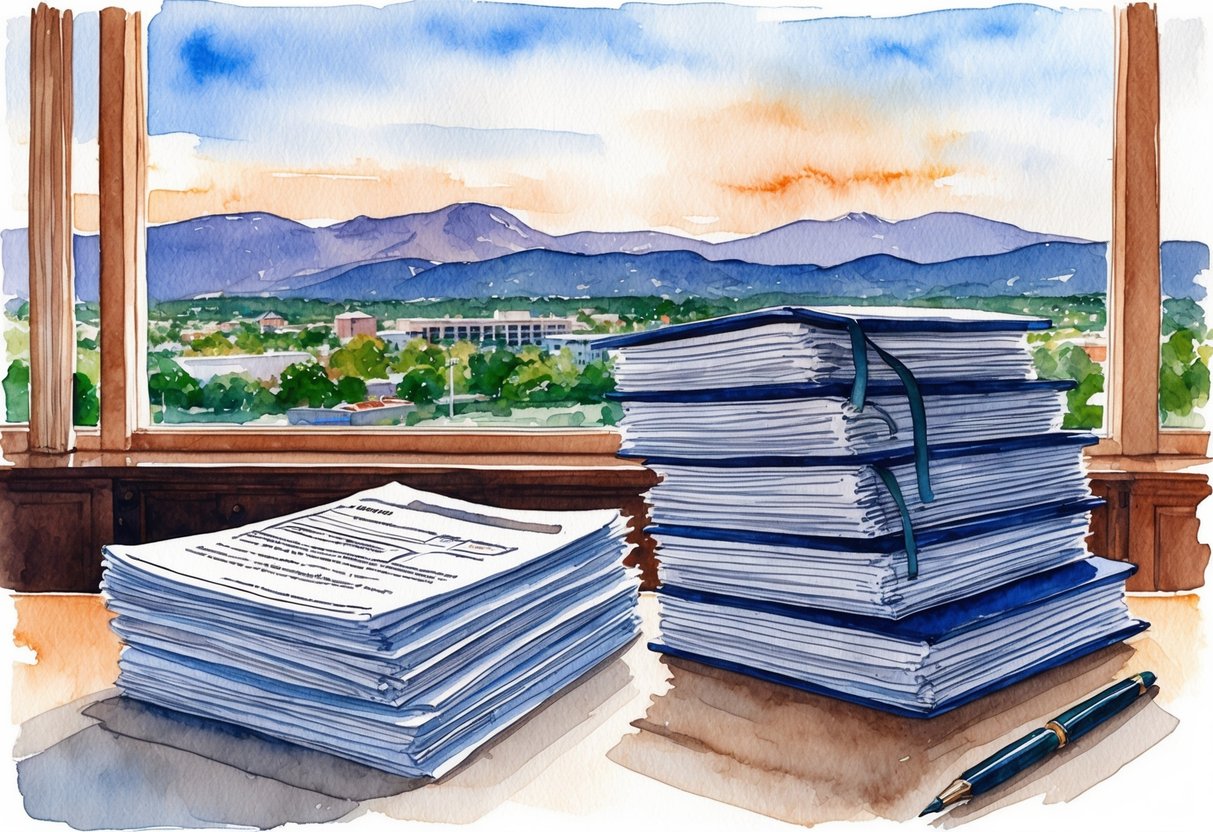 A stack of legal documents and financial statements on a desk, with a view of Colorado Springs in the background