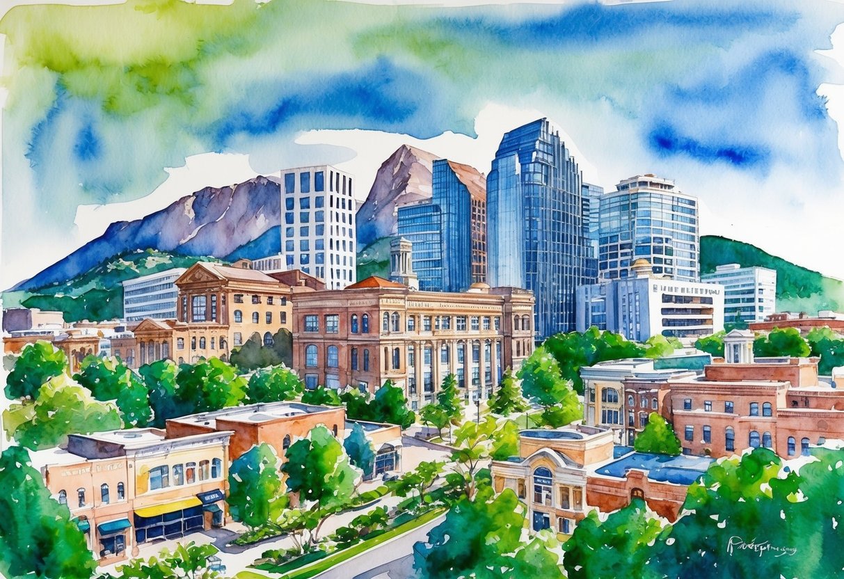 A scenic view of the Flatirons in Boulder, CO, with a mix of modern and historic buildings, surrounded by lush greenery and a bustling real estate market