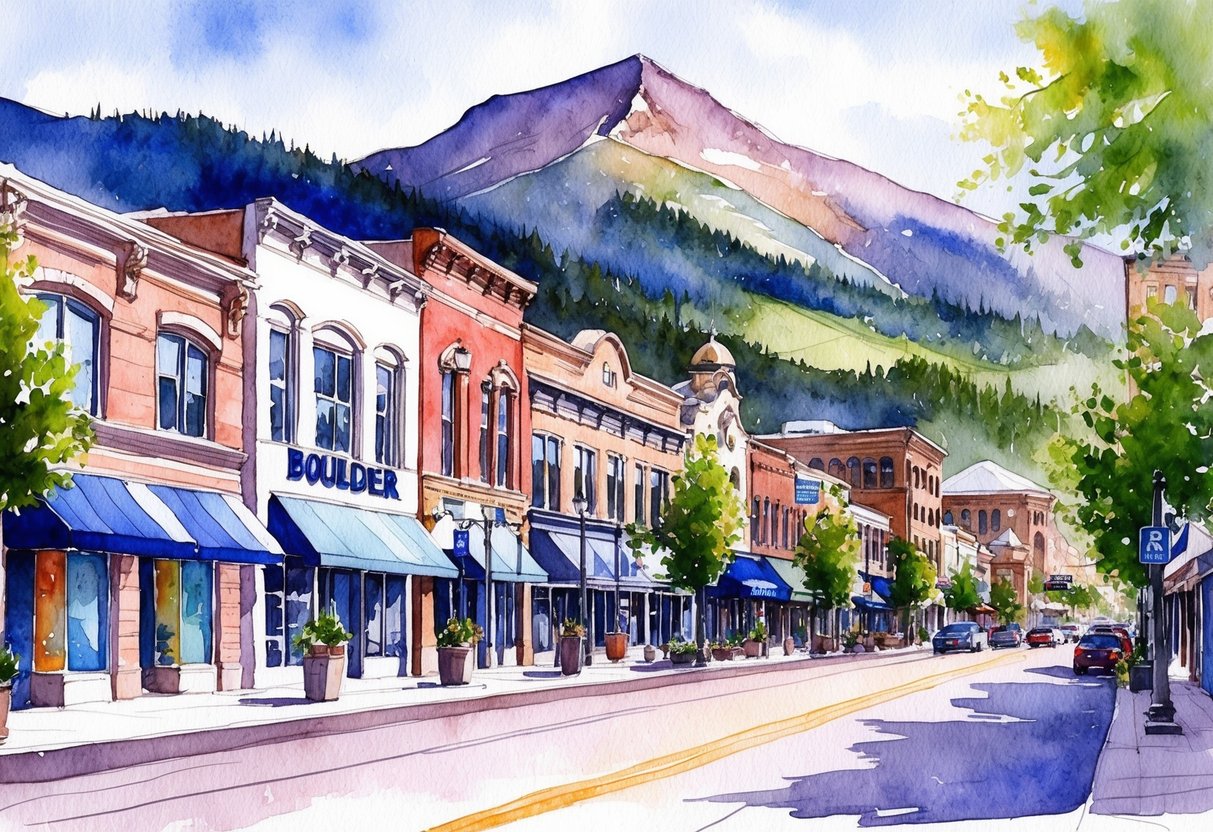 A bustling downtown street in Boulder, Colorado, with vibrant storefronts and a mix of modern and historic architecture, surrounded by the stunning natural beauty of the Rocky Mountains