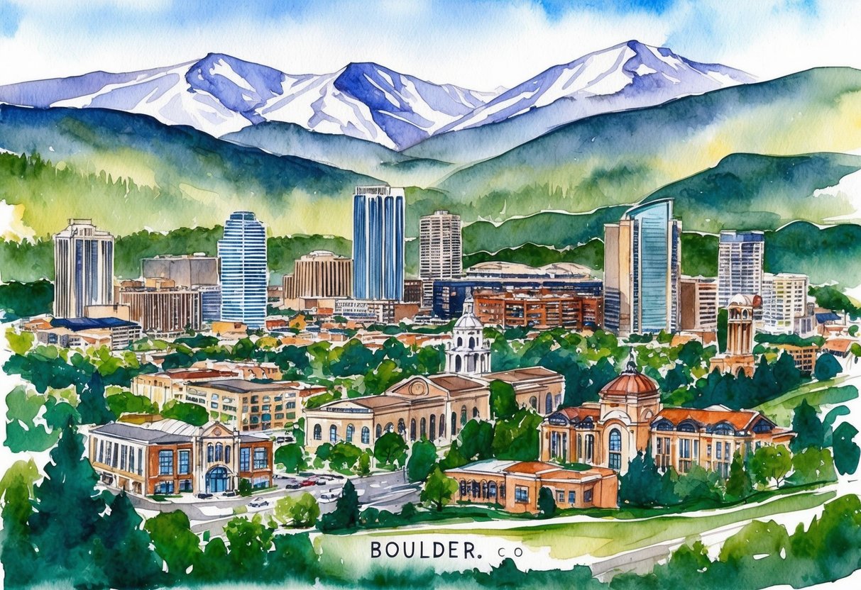 A scenic view of Boulder, CO with iconic landmarks and real estate properties, surrounded by mountains and lush greenery